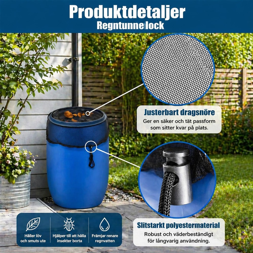 Regntunneskydd / nätlock – håller ute insekter, löv – polyester, justerbar dragsko - sparklar.se