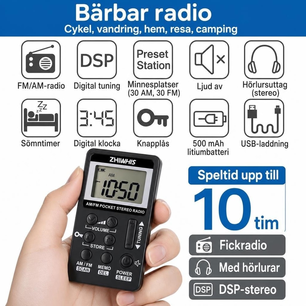 Miniradio / bärbar radio – personlig radiolyssning – stereo, DSP-tuning, 29 stationer - sparklar.se