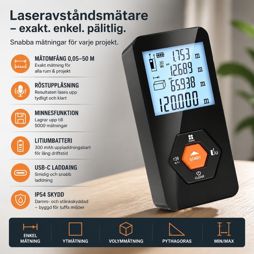 Laseravståndsmätare / lasermätare – snabb inomhusmätning – IP54, mm-precision, 30 minnen - sparklar.se