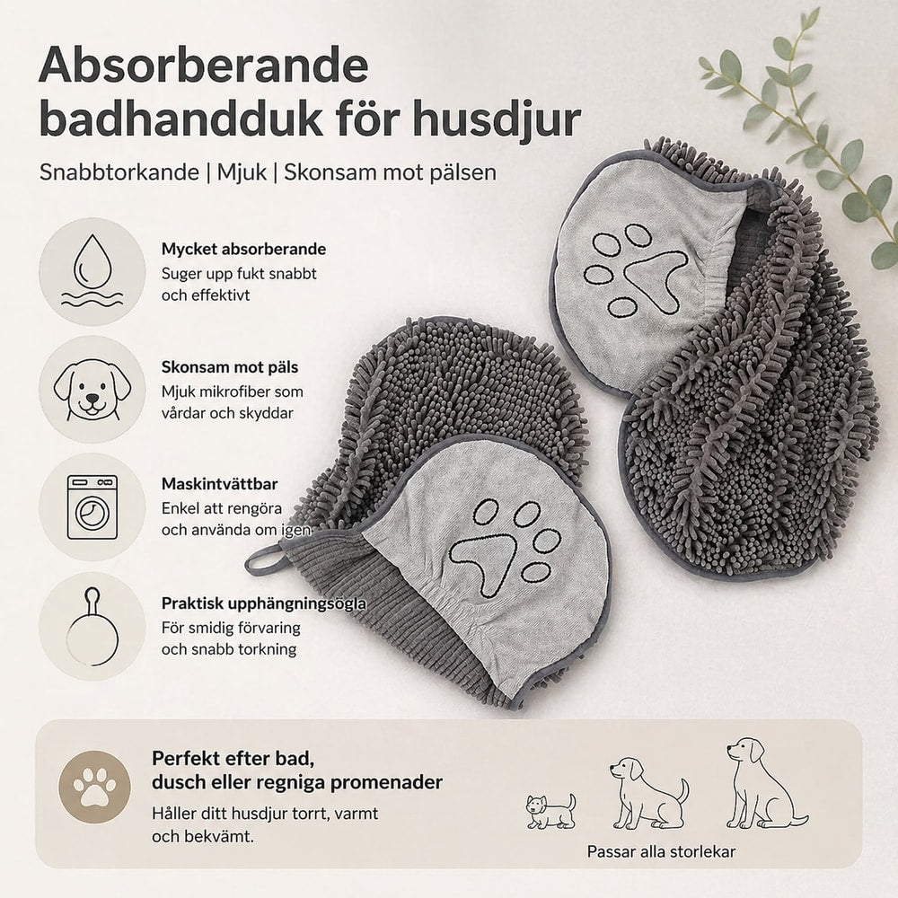 Husdjurshandduk / hundhandduk – snabb torkning efter bad – chenille, mikrofiber, storlek S - sparklar.se