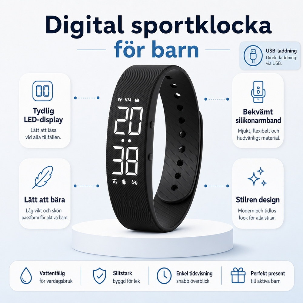 Barnklocka / digital barnklocka – tid, aktivitet, alarm – silikonarmband, USB-laddning - sparklar.se