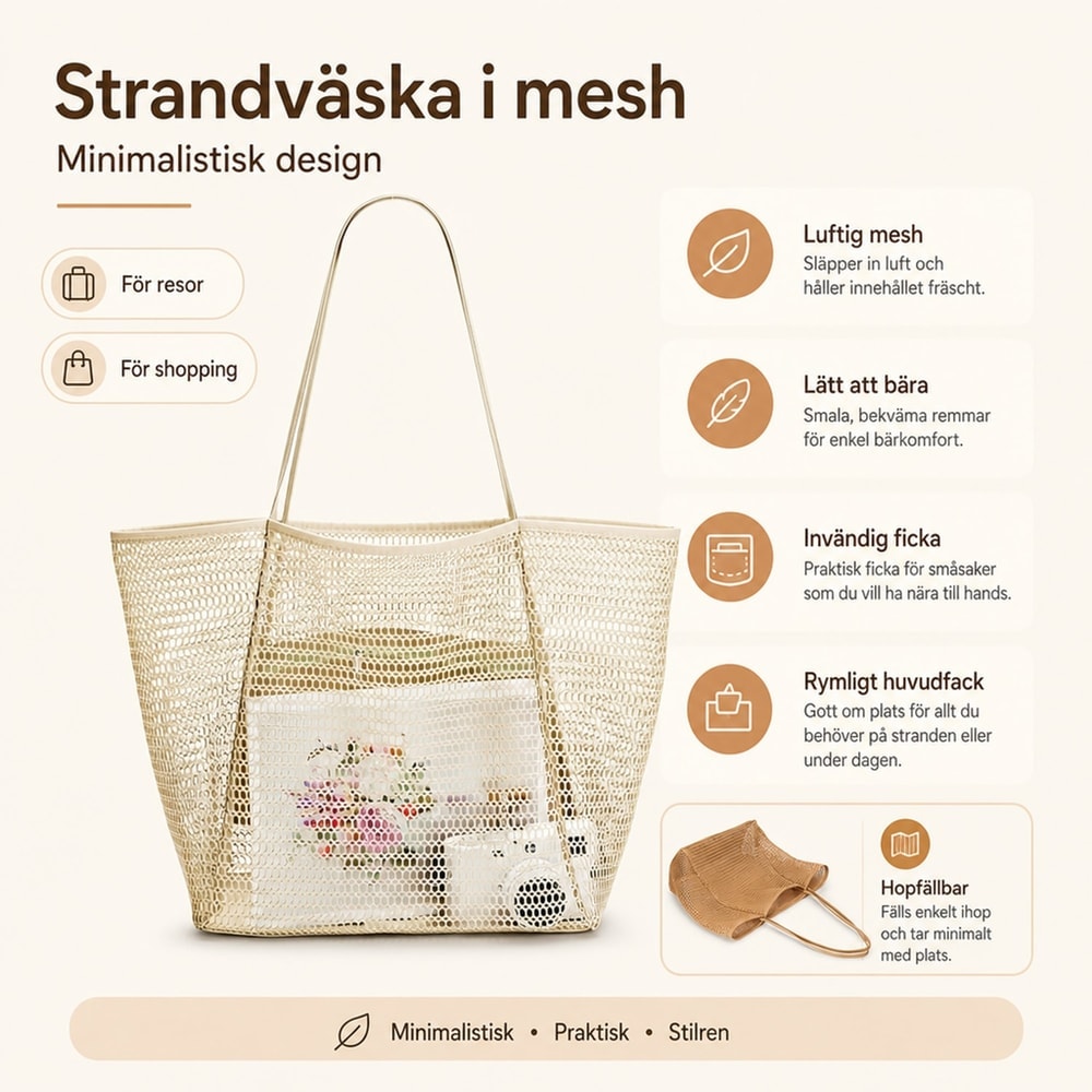 Strandväska / meshväska – vikbar för resa strand – nylon, meshväv, hand eller axel - sparklar.se