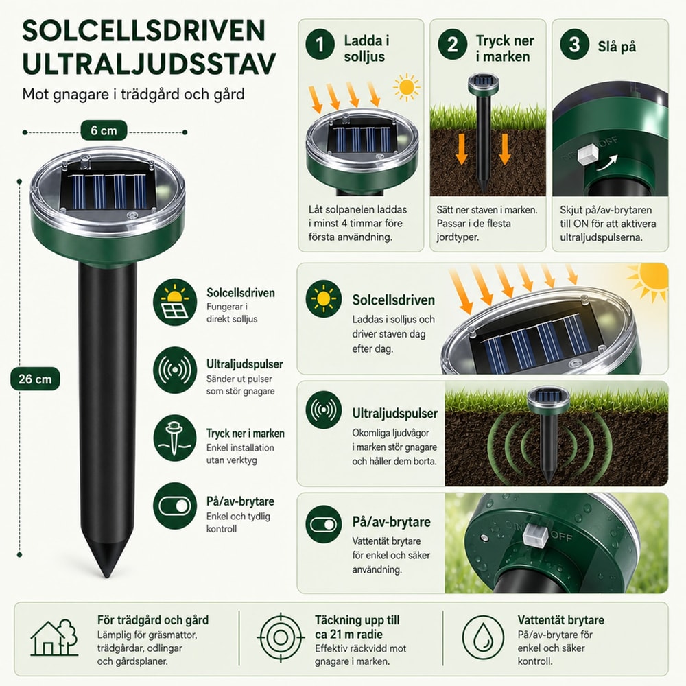 Solcellsdriven sorkskrämmare / ultraljudsskrämma – markspett utomhus – plast, rund modell - sparklar.se
