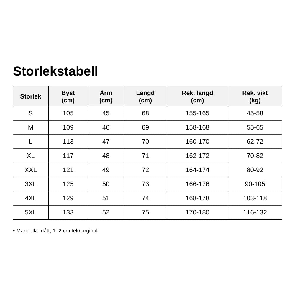 Storlekstabell för damtröjan med plaggmått samt rekommenderad kroppslängd och vikt