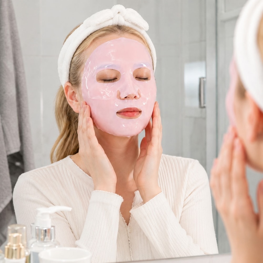 Rosa ansiktsmask används framför en spegel