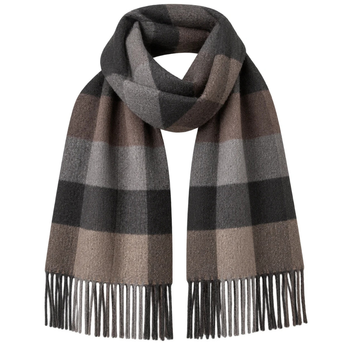 Brun, grå och svart rutig scarf med fransar