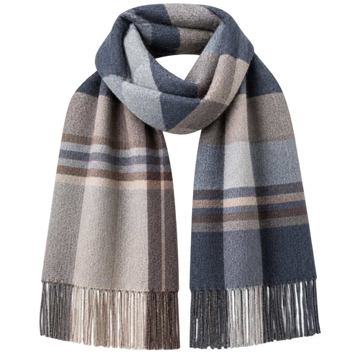 Blågrå rutig scarf med fransar