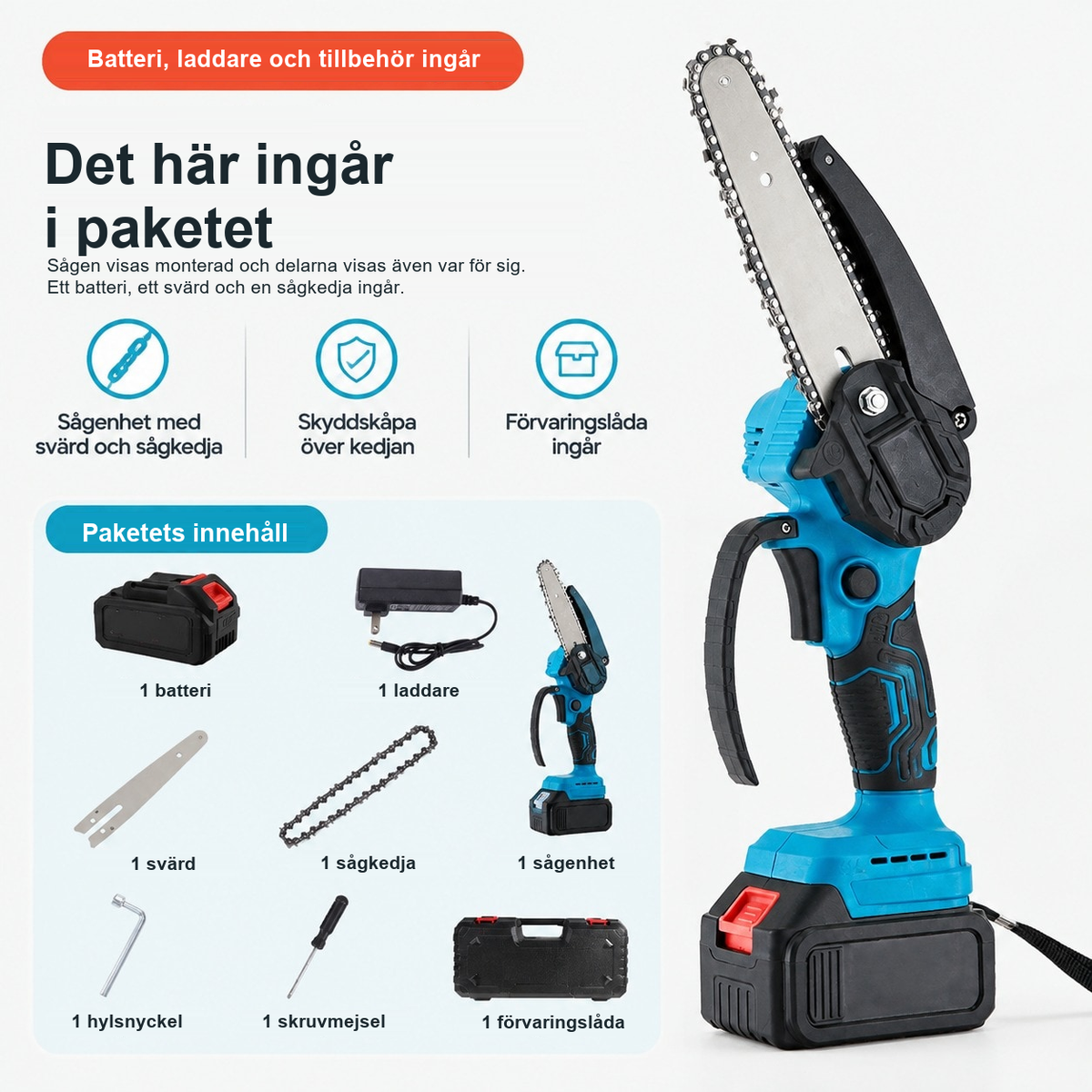 Minimotorsåg med ett batteri, en laddare, verktyg och förvaringslåda. Svärdet och sågkedjan visas även separat.