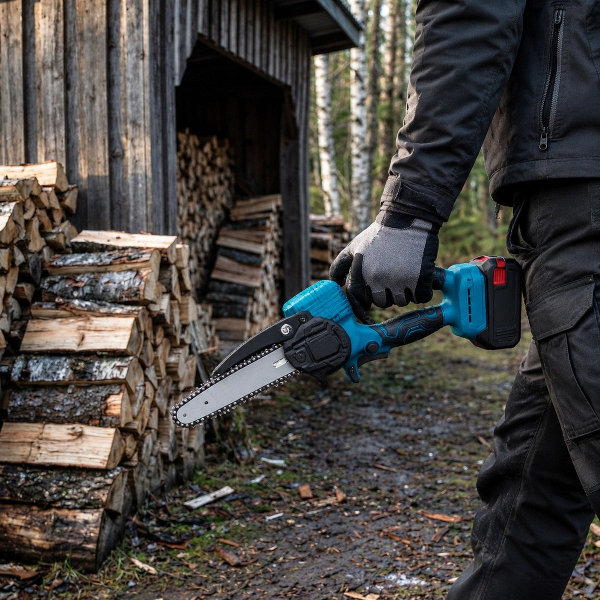 Batterimotorsåg som bärs i handtaget vid en vedbod