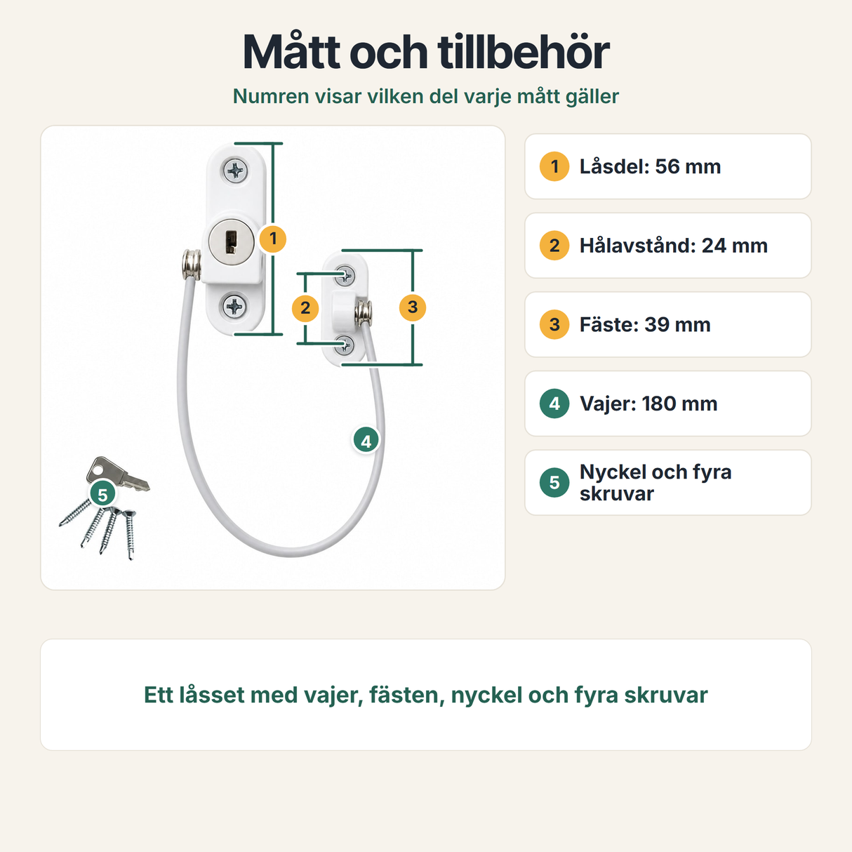 Mått för låsdel, fäste och vajer samt medföljande nyckel och skruvar.