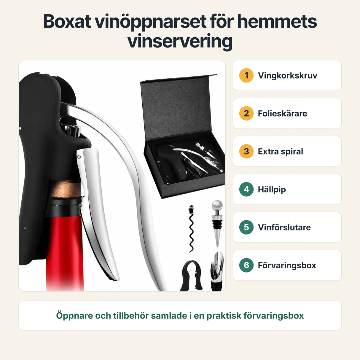Boxat vinöppnarset med vingkorkskruv, hällpip och förvaringsbox - sparklar.se