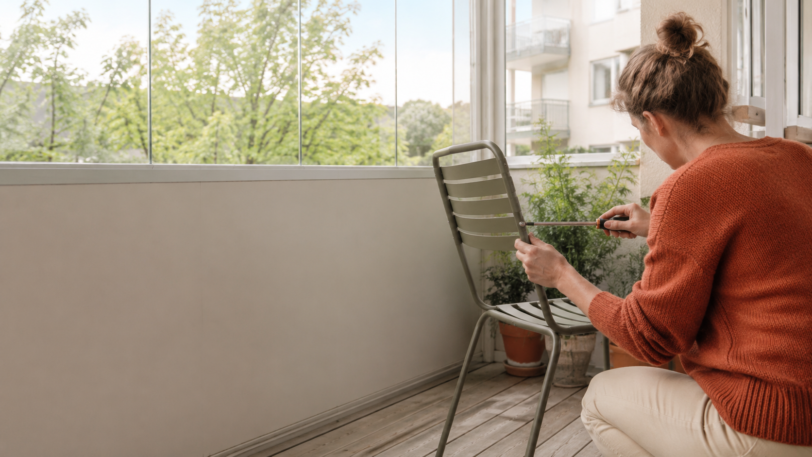 Person som reparerar en balkongmöbel i varmt morgonljus