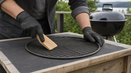 Kallt grillgaller rengörs med en träskrapa på ett stabilt arbetsbord
