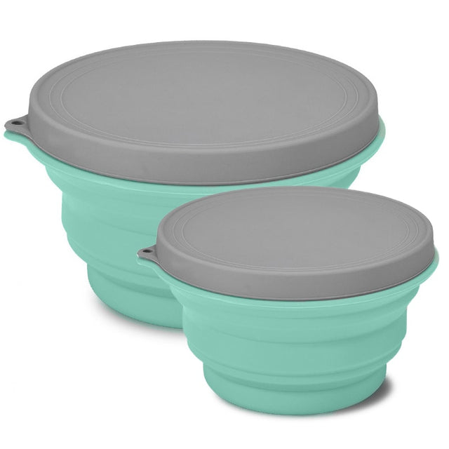 Gröna hopfällbara silikonskålar med lock – 2-pack – produktbild 3