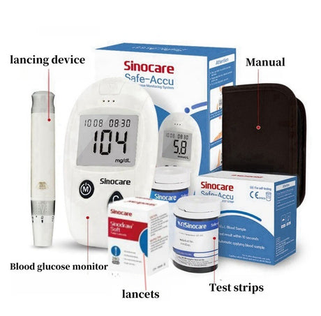 Safe-Accu-mätarpaket med mätare, testremsor och lansetter; mätaren på bilden visar mg/dL, men den beställda mätaren visar värden i mmol/L