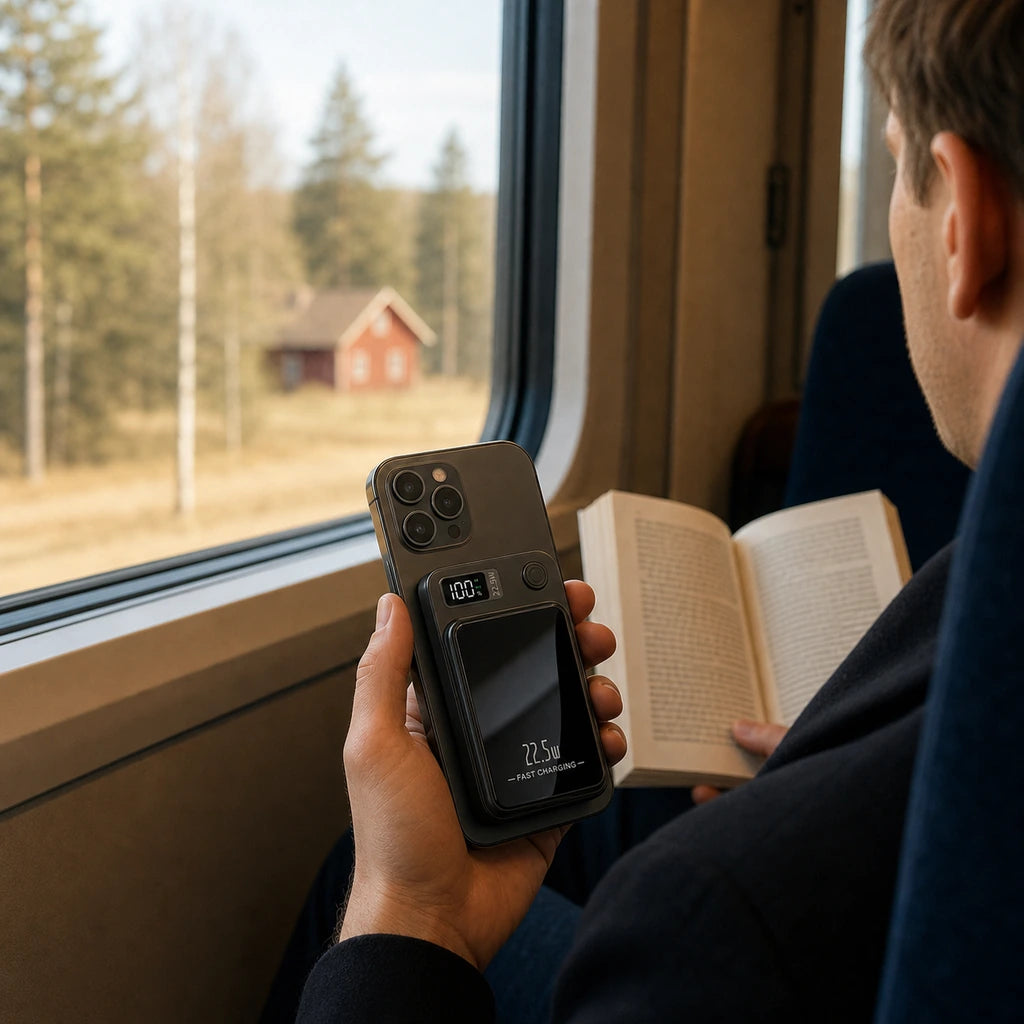Magnetisk powerbank fäst på en kompatibel telefon under en tågresa