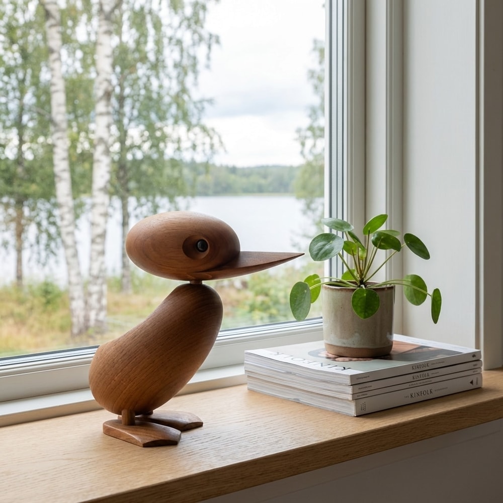 Ankfigur i teakträ placerad vid ett fönster