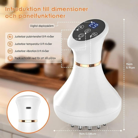 Massageborstens reglage, USB-C-anslutning och mått 15 × 9 cm