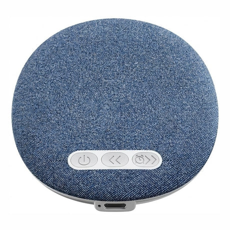 Blå högtalare med tygklädd ovansida, knappar och USB-C-port