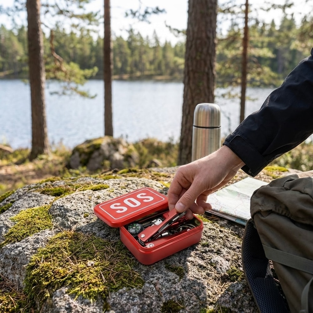 Överlevnadskit / nödkit – kompakt beredskap utomhus – kompass, eldstål, visselpipa, multiverktyg - sparklar.se