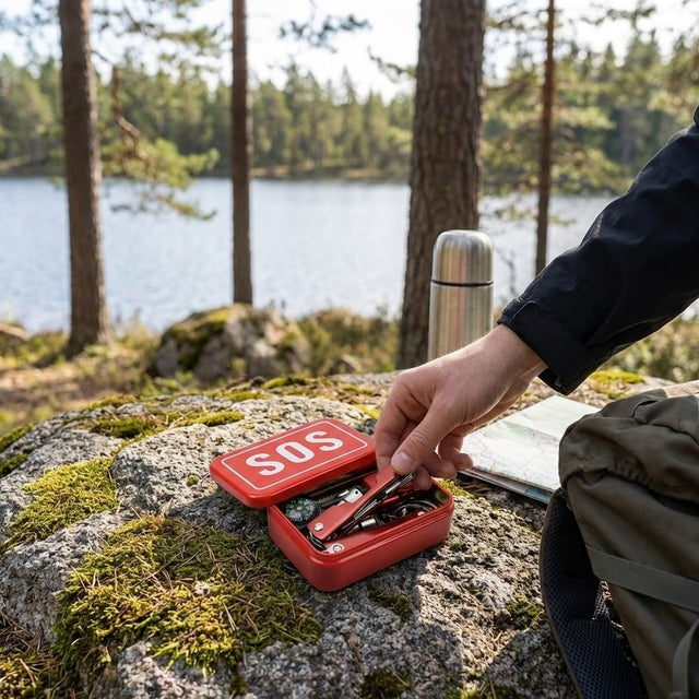 Överlevnadskit / nödkit – kompakt beredskap utomhus – kompass, eldstål, visselpipa, multiverktyg - sparklar.se