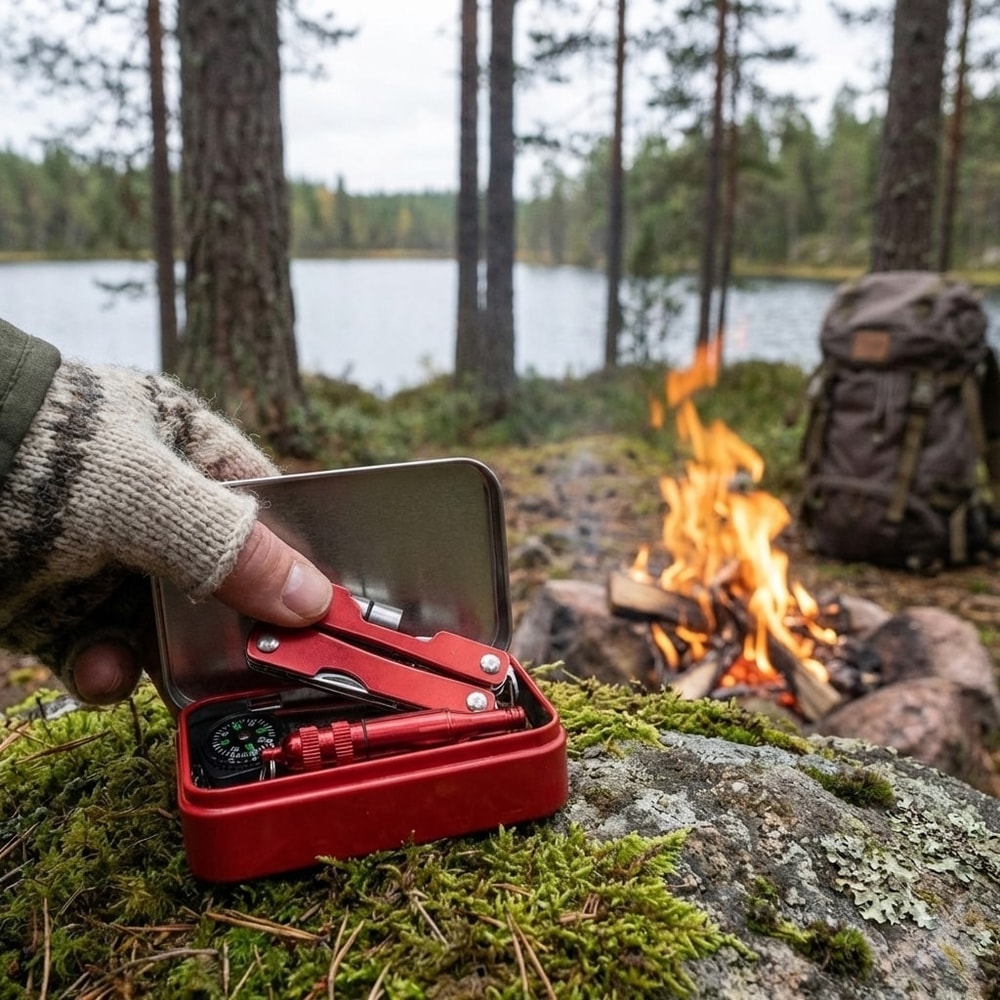 Överlevnadskit / nödkit – kompakt beredskap utomhus – kompass, eldstål, visselpipa, multiverktyg - sparklar.se