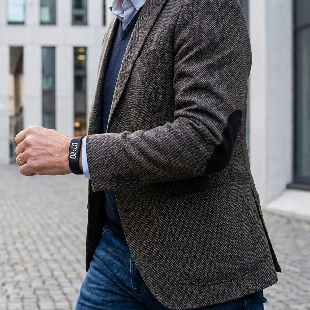 Ett svart armband bärs till vardags