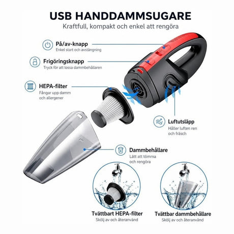 Handdammsugare / bildammsugare – våt och torr rengöring – HEPA-filter, USB-laddning, 120 W - sparklar.se