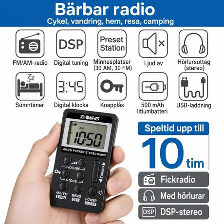 Miniradio / bärbar radio – personlig radiolyssning – stereo, DSP-tuning, 29 stationer - sparklar.se