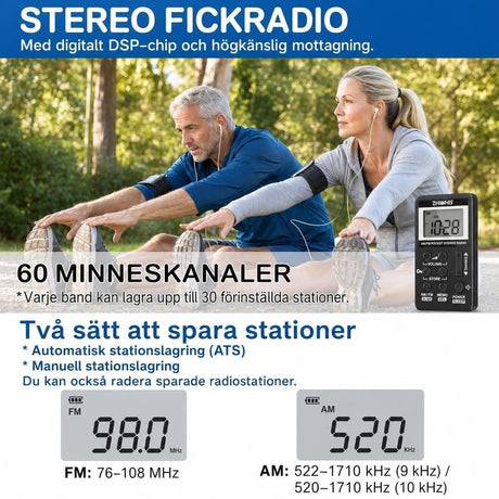 Miniradio / bärbar radio – personlig radiolyssning – stereo, DSP-tuning, 29 stationer - sparklar.se
