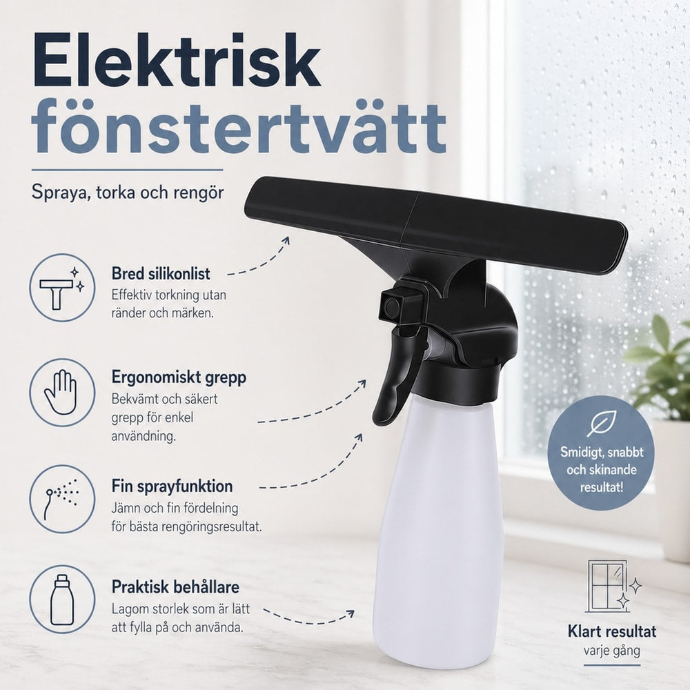 Elektrisk fönstertvätt / fönstersug – snabb avtorkning glasytor – uppladdningsbar, 2200 mAh, 150 ml - sparklar.se