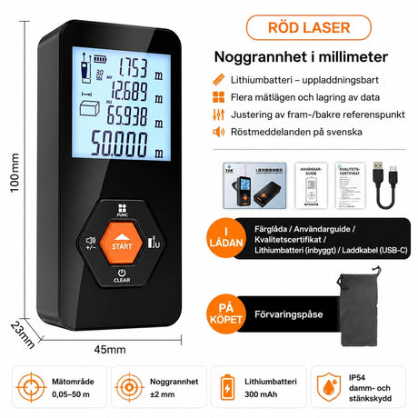 Laseravståndsmätare / lasermätare – snabb inomhusmätning – IP54, mm-precision, 30 minnen - sparklar.se