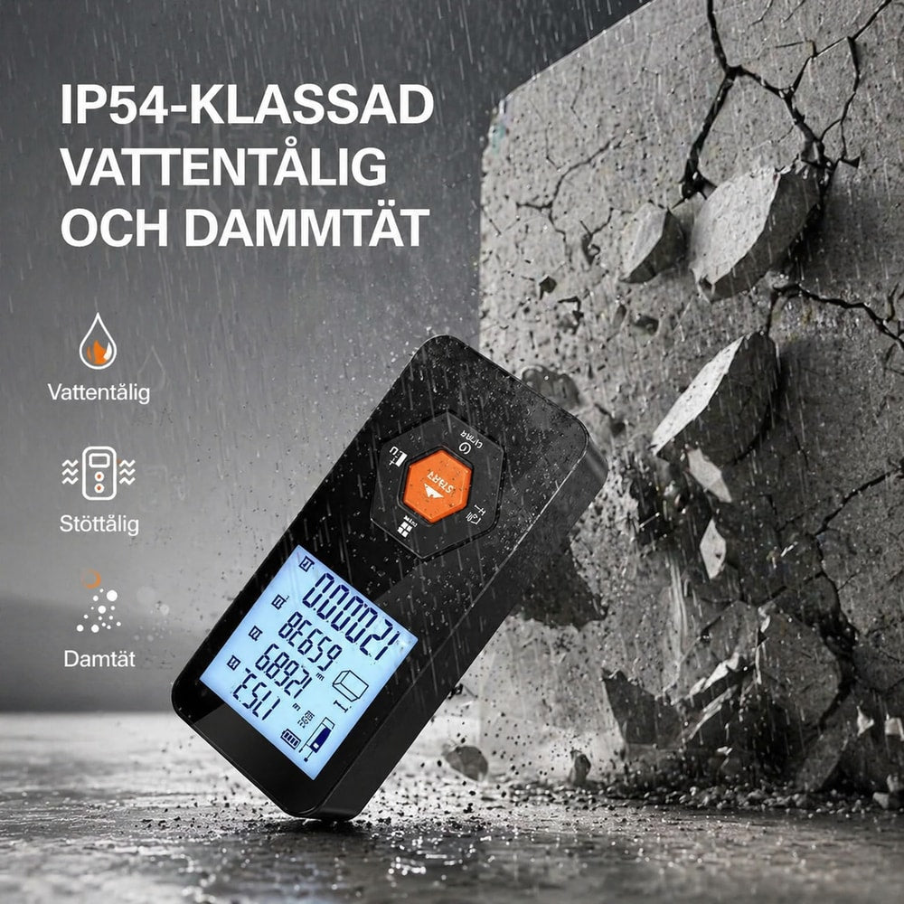 Laseravståndsmätare / lasermätare – snabb inomhusmätning – IP54, mm-precision, 30 minnen - sparklar.se