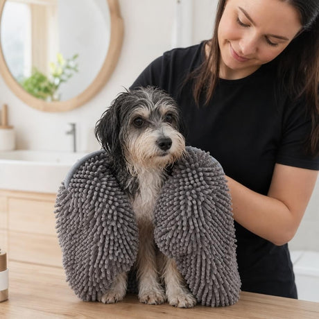 Husdjurshandduk / hundhandduk – snabb torkning efter bad – chenille, mikrofiber, storlek S - sparklar.se