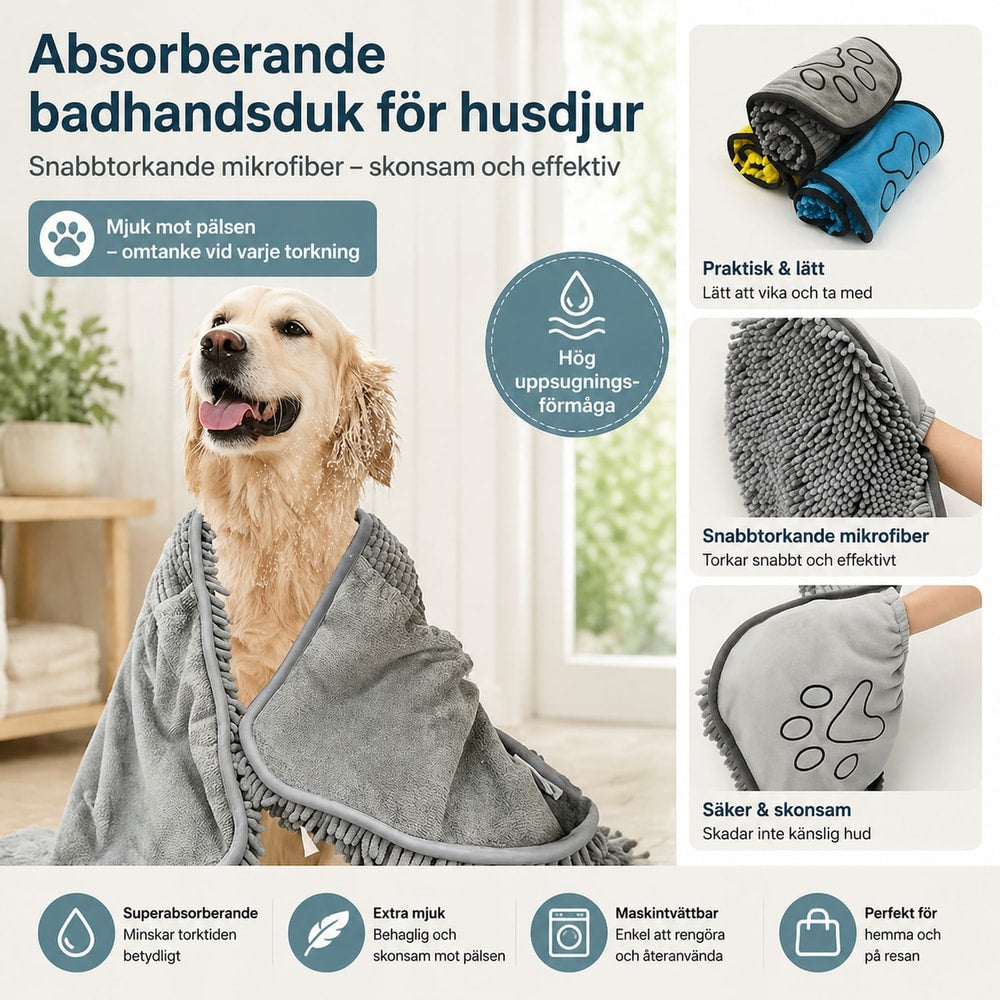 Husdjurshandduk / hundhandduk – snabb torkning efter bad – chenille, mikrofiber, storlek S - sparklar.se