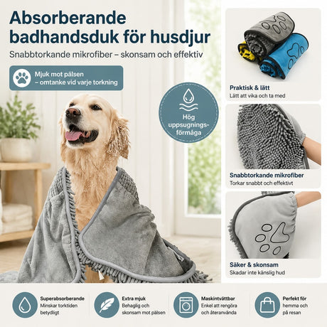 Husdjurshandduk / hundhandduk – snabb torkning efter bad – chenille, mikrofiber, storlek S - sparklar.se