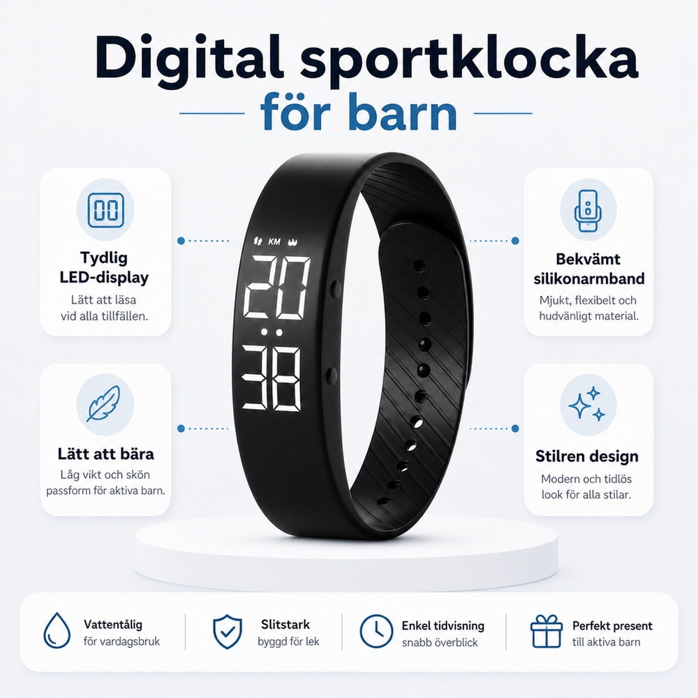 Barnklocka / digital barnklocka – tid, aktivitet, alarm – silikonarmband, USB-laddning - sparklar.se