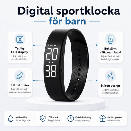 Barnklocka / digital barnklocka – tid, aktivitet, alarm – silikonarmband, USB-laddning - sparklar.se