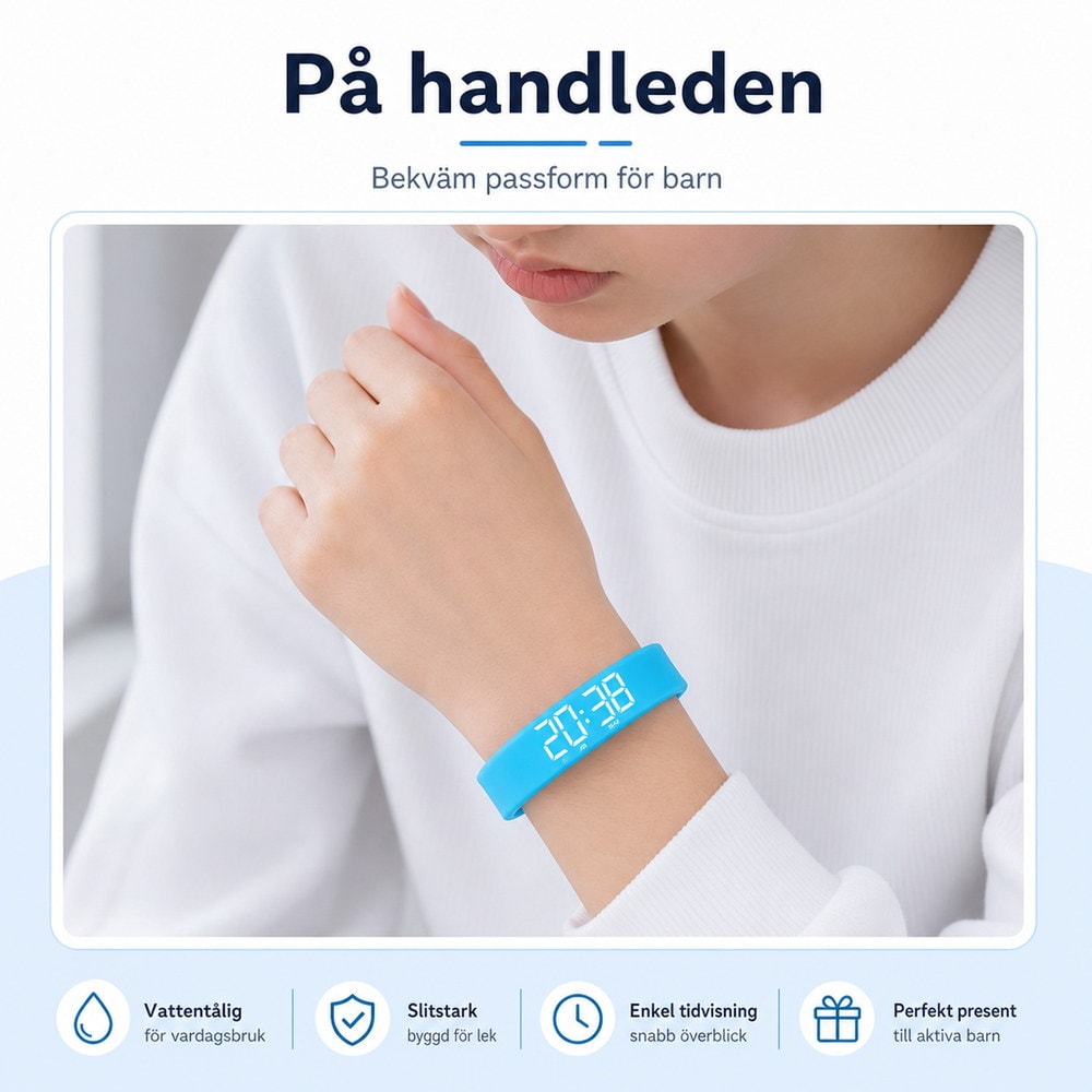 Barnklocka / digital barnklocka – tid, aktivitet, alarm – silikonarmband, USB-laddning - sparklar.se