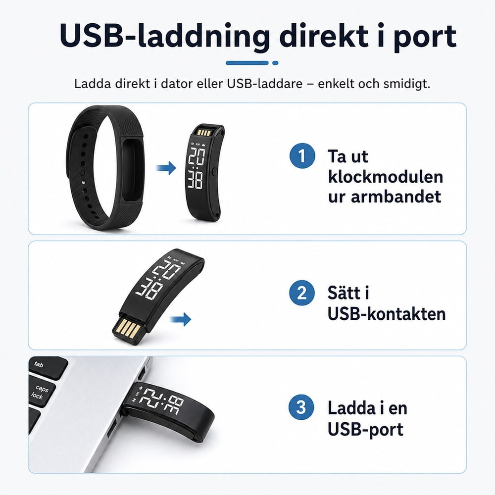 Barnklocka / digital barnklocka – tid, aktivitet, alarm – silikonarmband, USB-laddning - sparklar.se