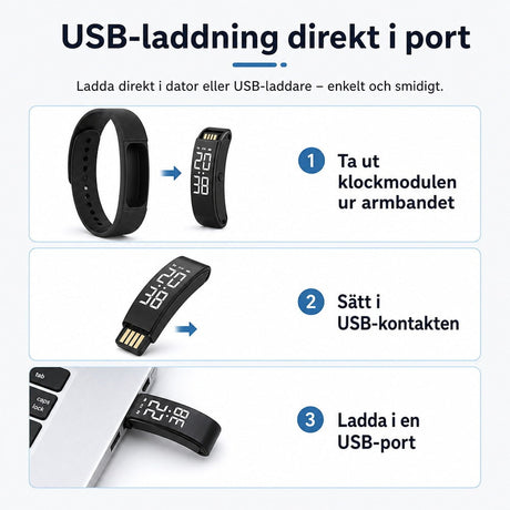 Barnklocka / digital barnklocka – tid, aktivitet, alarm – silikonarmband, USB-laddning - sparklar.se