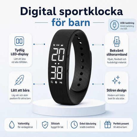 Barnklocka / digital barnklocka – tid, aktivitet, alarm – silikonarmband, USB-laddning - sparklar.se
