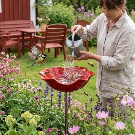 Fågelbad / insektsbad – vattenplats trädgård – legering, markspjut, blomform - sparklar.se