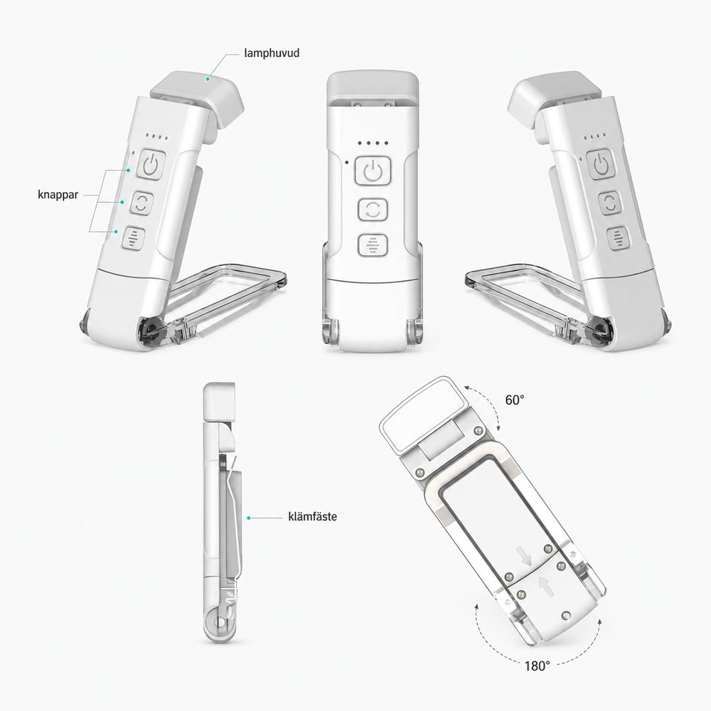 Boklampa / läslampa / klämlampa – justerbart läsljus – Ra≥90, 9 LED, 500 mAh - sparklar.se