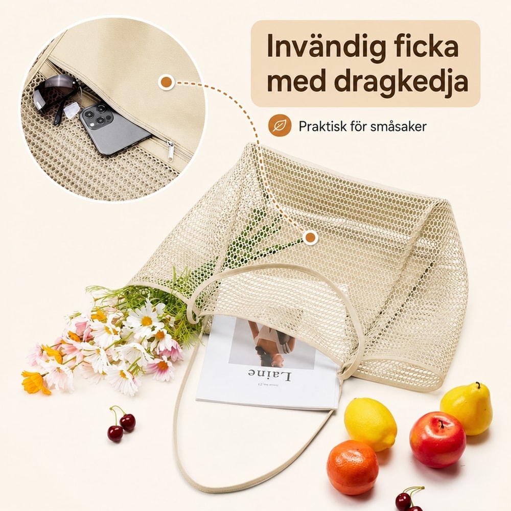 Strandväska / meshväska – vikbar för resa strand – nylon, meshväv, hand eller axel - sparklar.se