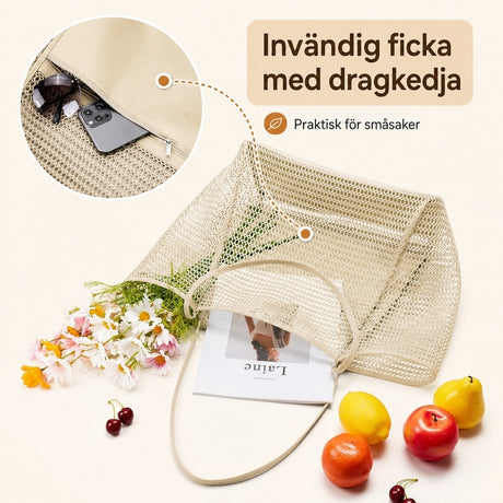 Strandväska / meshväska – vikbar för resa strand – nylon, meshväv, hand eller axel - sparklar.se