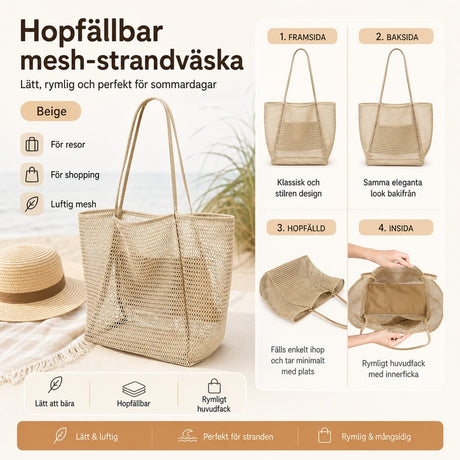 Strandväska / meshväska – vikbar för resa strand – nylon, meshväv, hand eller axel - sparklar.se