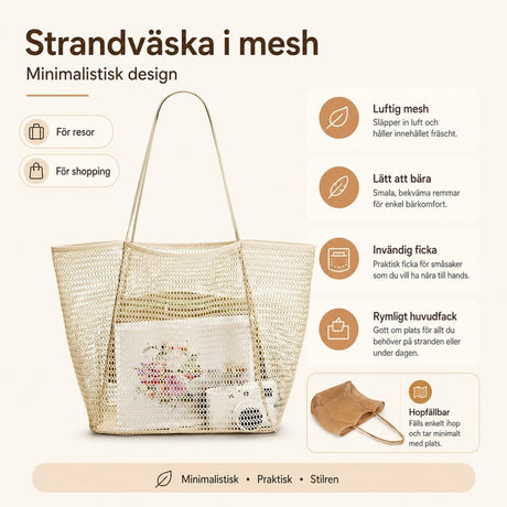 Strandväska / meshväska – vikbar för resa strand – nylon, meshväv, hand eller axel - sparklar.se