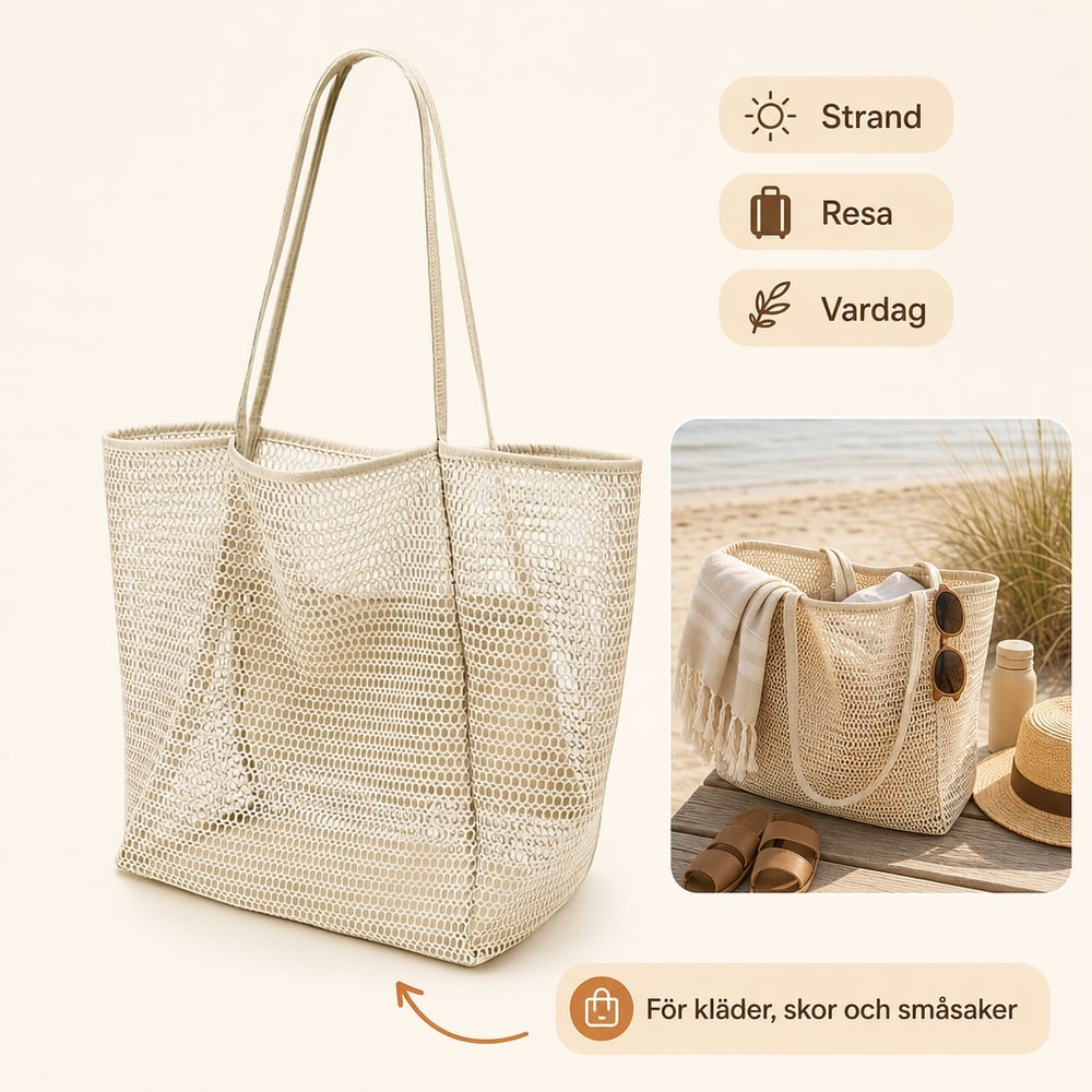 Strandväska / meshväska – vikbar för resa strand – nylon, meshväv, hand eller axel - sparklar.se