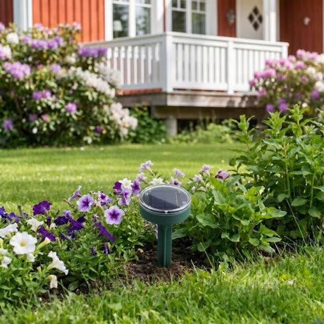 Solcellsdriven sorkskrämmare / ultraljudsskrämma – markspett utomhus – plast, rund modell - sparklar.se